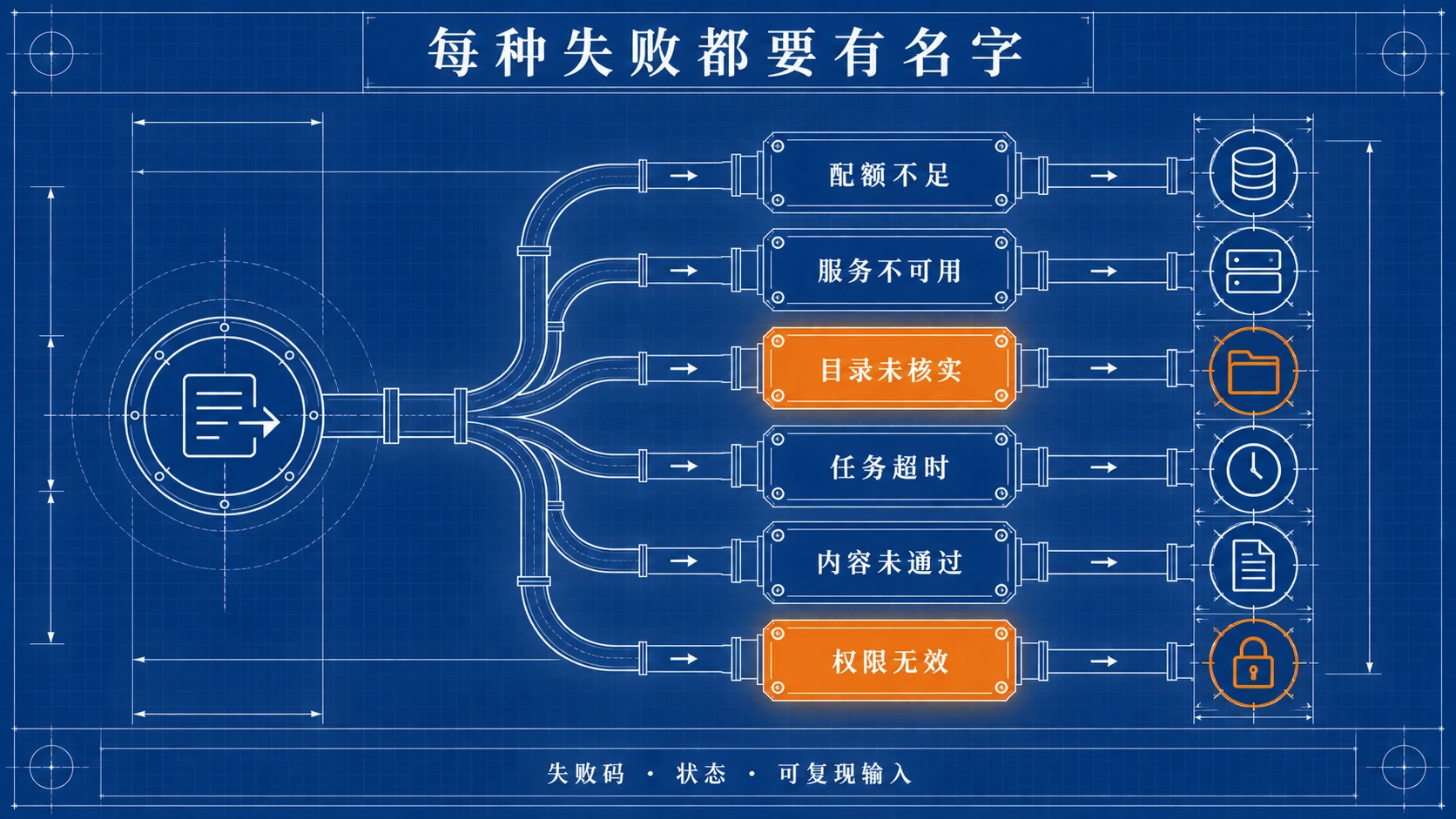 蓝图工程线稿：任务入口分流到配额不足、服务不可用、目录未核实、任务超时、内容未通过、权限无效六张故障卡