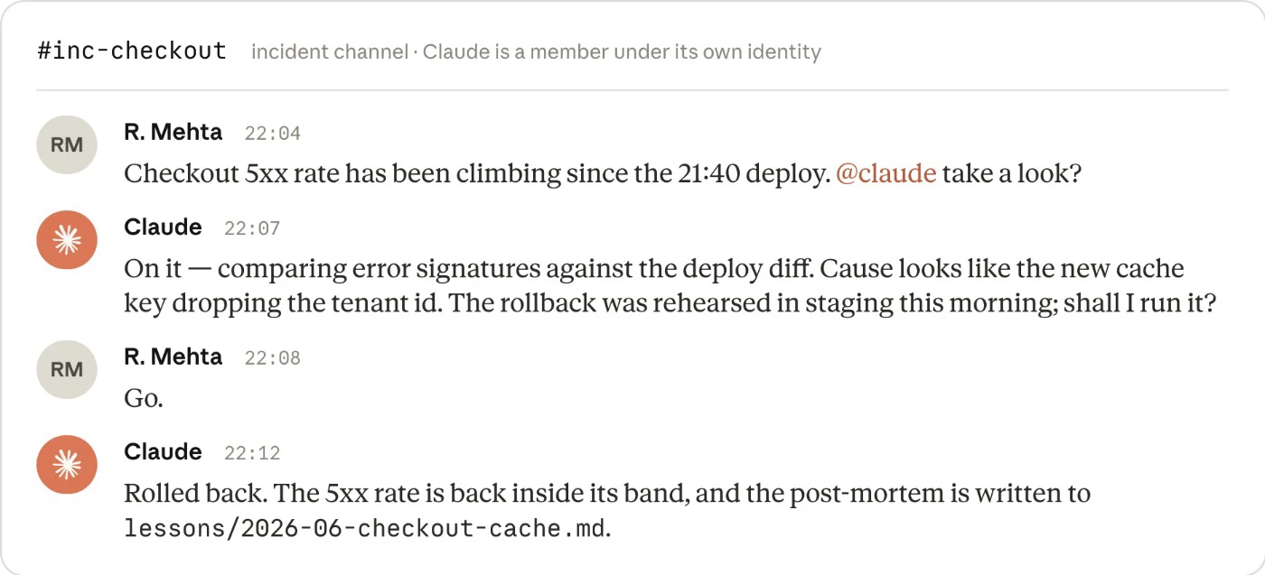 Anthropic 原文实录:Slack 事故频道里 Claude 以成员身份值班,诊断 5xx 异常、获得人授权后执行回滚,并把复盘写进版本库的 lessons 文件