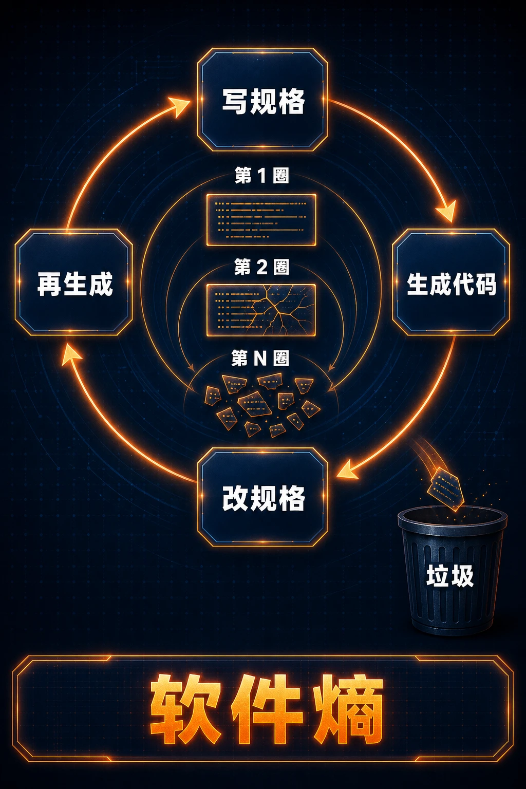 熵增循环:四节点闭环三圈递减,垃圾桶收尾