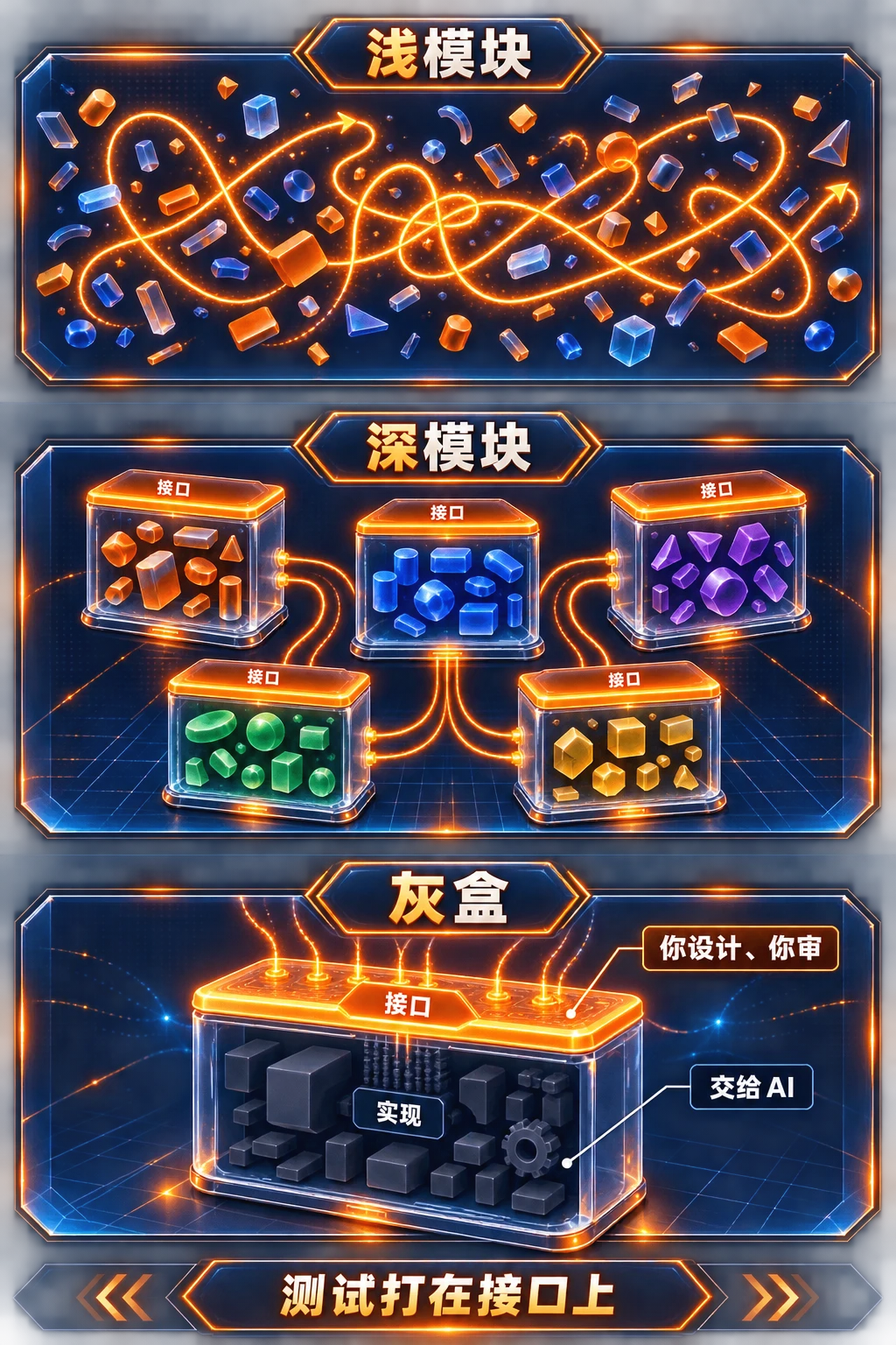 浅模块 → 深模块 → 灰盒三面板