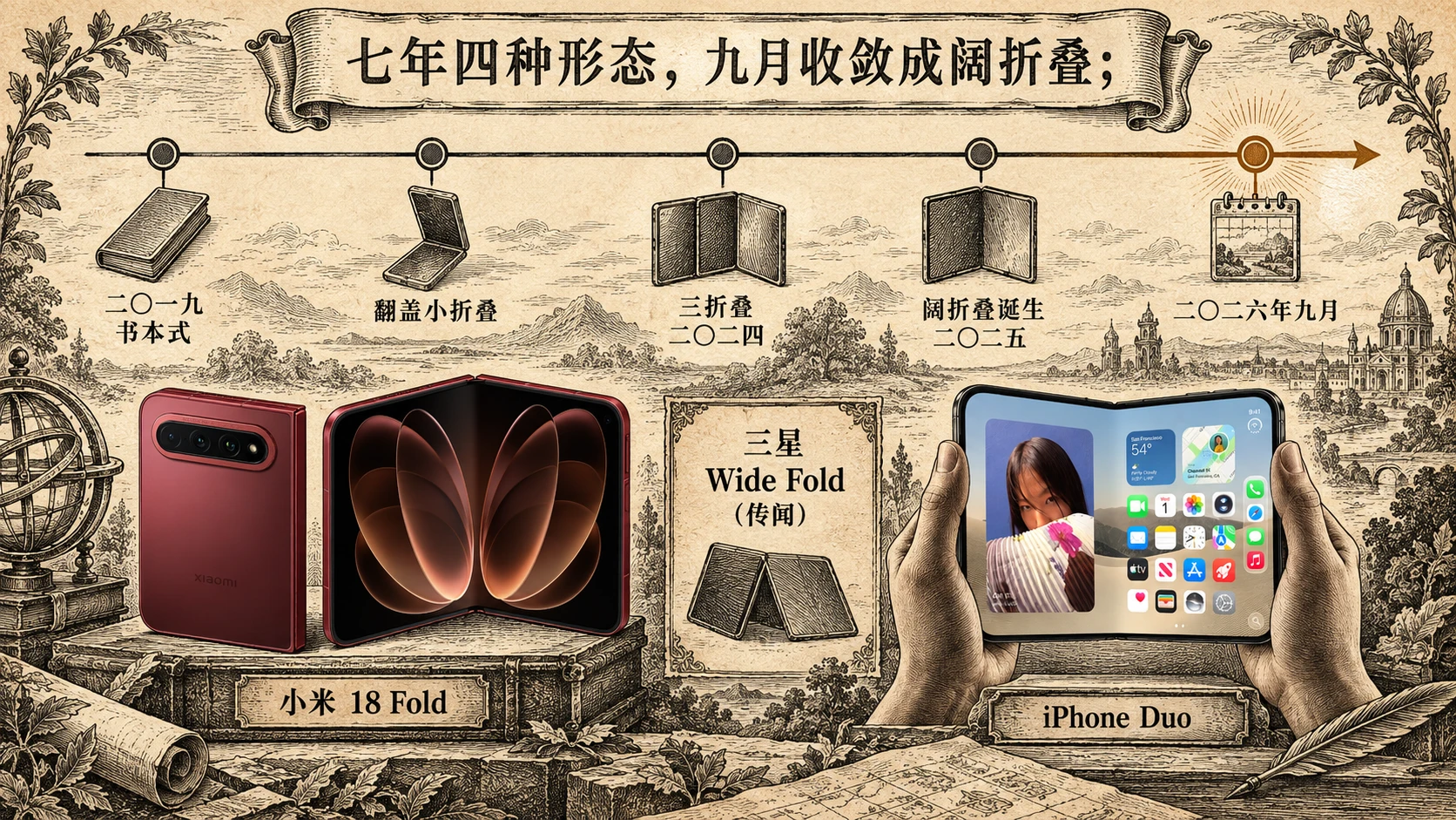 版画时间线:2019 书本式、翻盖小折叠、2024 三折叠、2025 阔折叠诞生,到 2026 年 9 月小米 18 Fold、iPhone Duo、三星 Wide Fold(供应链传闻)三家汇聚阔折叠