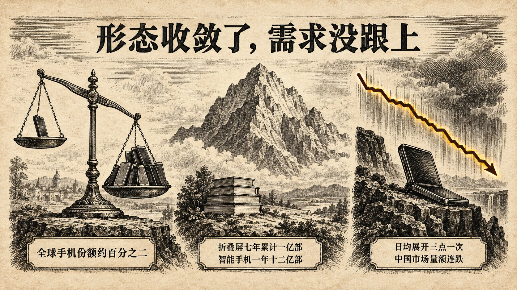 数据三联:折叠屏全球手机份额约 2%、七年累计 1 亿部对智能手机一年 12 亿部、日均展开 3.1 次、2026 上半年中国量额连跌,唯一亮色是 Pura X Max 四个月出货 120 万台