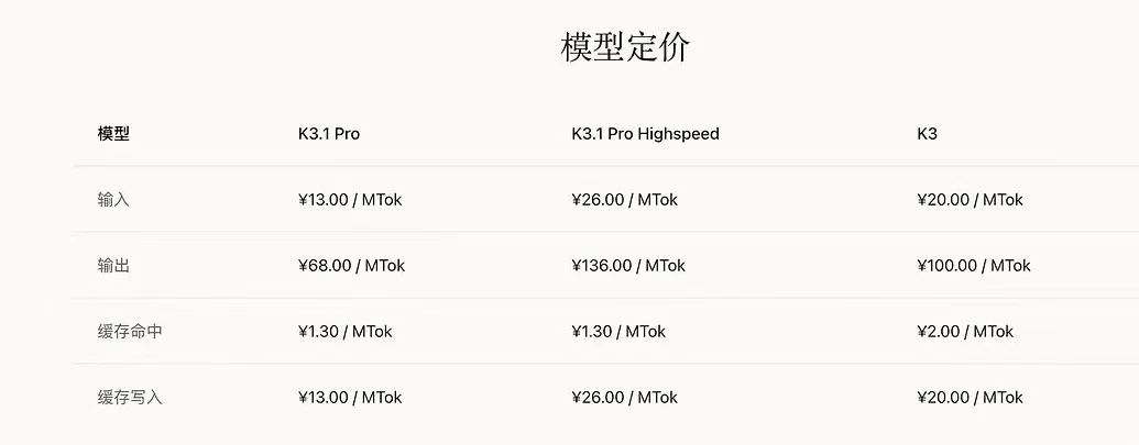 K3.1 Pro 与 K3 国内 API 定价对照