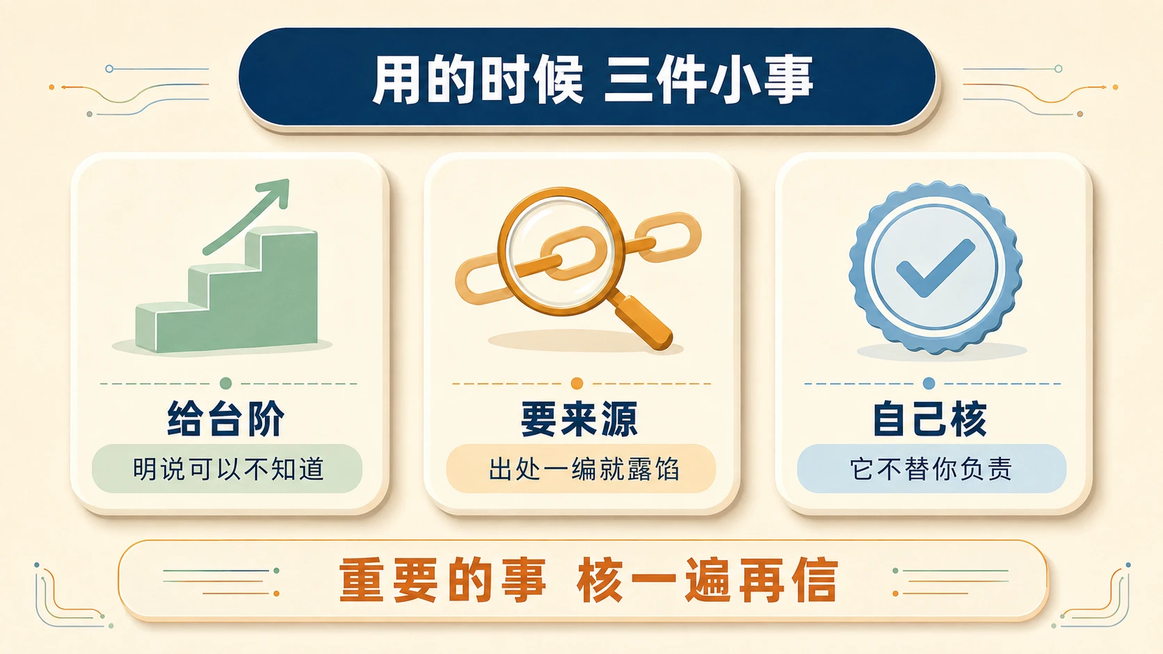 奶油米多层卡片信息图：三张工具卡——给台阶（明说可以不知道）、要来源（出处一编就露馅）、自己核（它不替你负责）