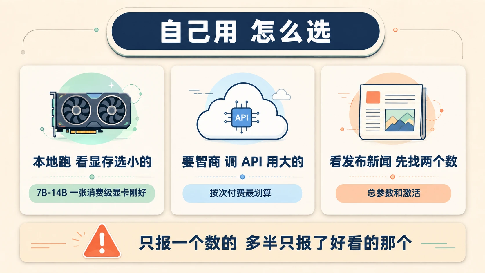 奶油米多层卡片信息图:三张建议卡——本地跑看显存选小的、要智商调 API、看新闻先找总参数和激活两个数